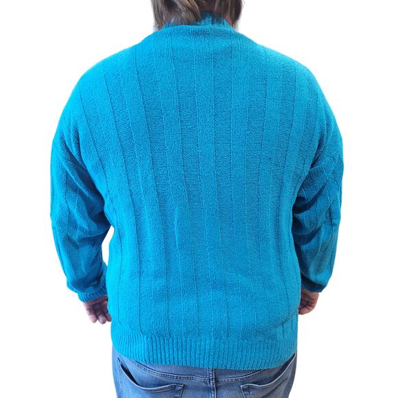Vntg 1980s Perry Ellis Mens Turquoise Silk Cotton Cable Knit Fisherman Sweater - Picture 4 of 8